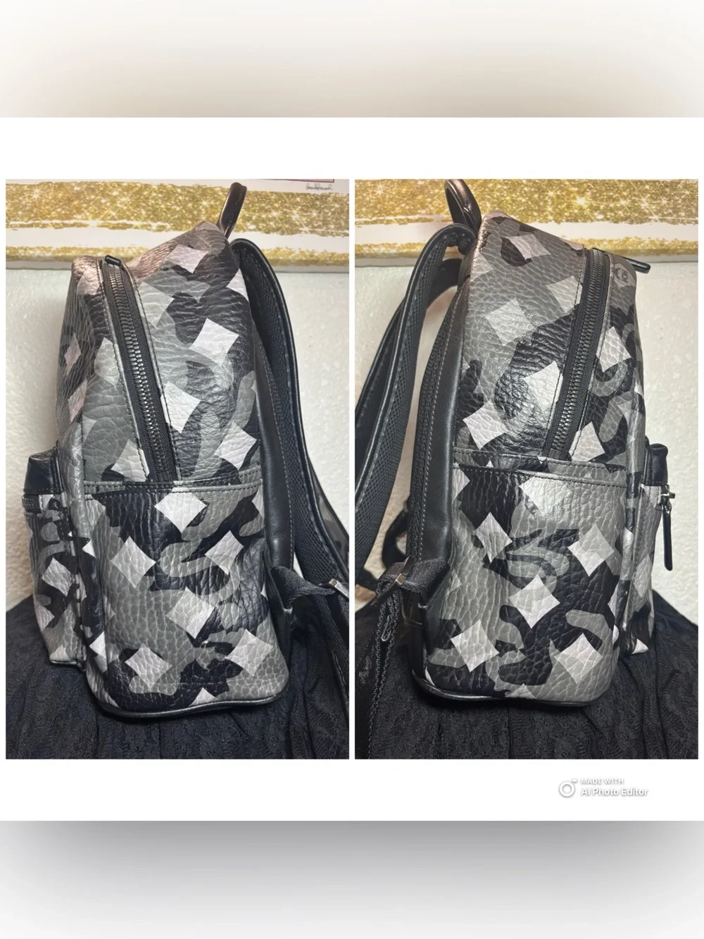 MCM Stark Munich Lion Camo Unisex Backpack Black Gray White Coated Canvas